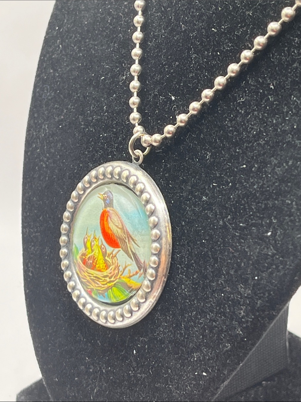 Silver-Tone Bird Pendant Necklace with Orange & Blue Bird Motif - - Picture 5 of 6